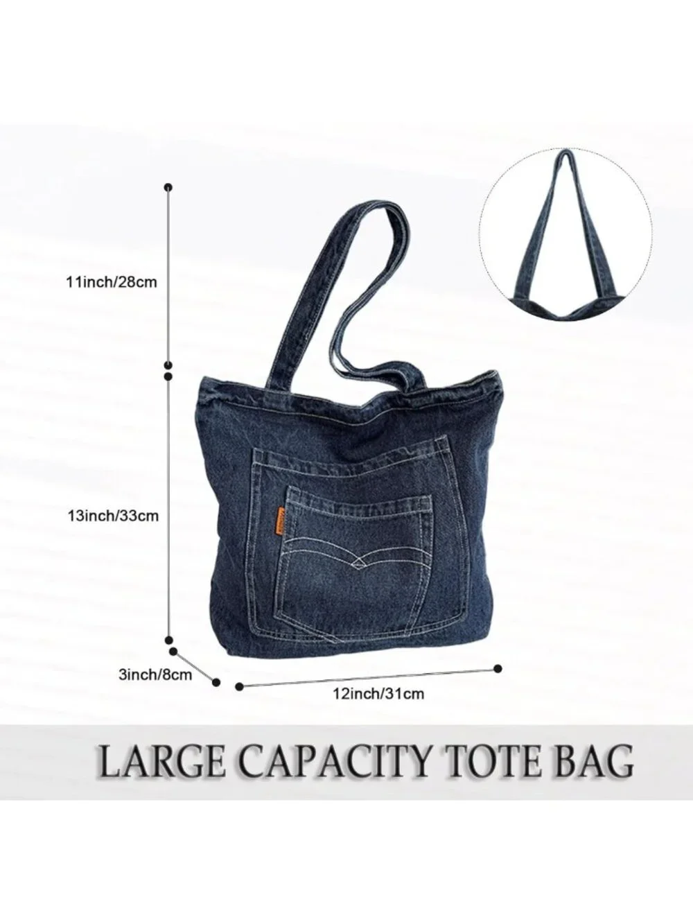 Large Retro Denim Tote Bag for Work, Travel, College - Stylish Canvas Shoulder
